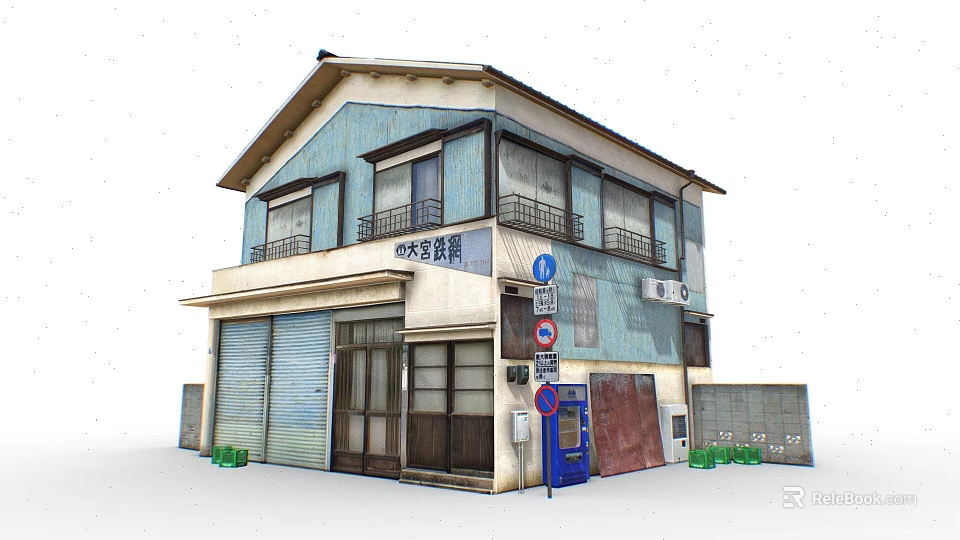 Cartoon Style Japanese Two Story Building With Blue Beige Walls Roller Shutter Door And Signboards 3d model 