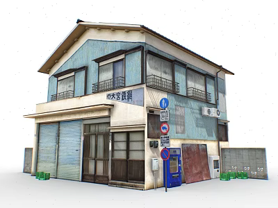 Cartoon Style Japanese Two Story Building With Blue Beige Walls Roller Shutter Door And Signboards 3d model