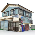 Cartoon Style Japanese Two Story Building With Blue Beige Walls Roller Shutter Door And Signboards