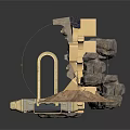 Geometric Scene Component With Diamond Panels Golden Framework Mechanical Elements And Stone Base