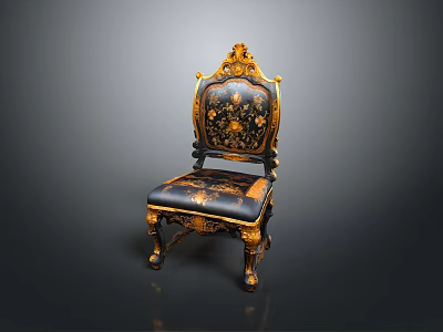 Ornate Classical Single Chair with Black Gold Upholstery Carved Legs and Floral Patterns 3d model