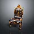 Ornate Classical Single Chair with Black Gold Upholstery Carved Legs and Floral Patterns