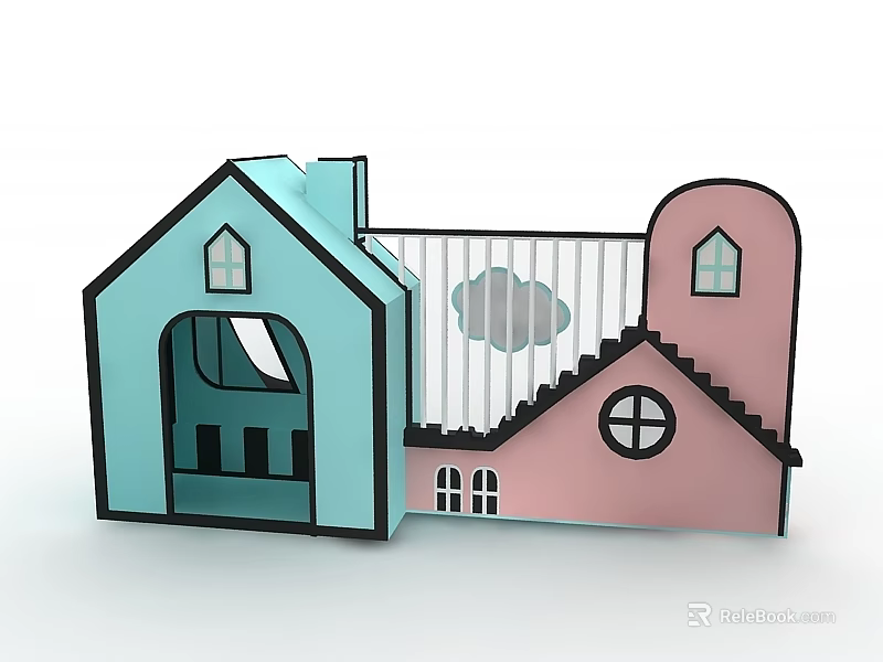 Swing Door In Cartoon House Model With Blue Pink Building Staircase And Windows 3d model 