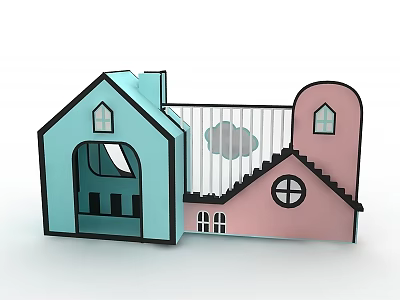 Swing Door In Cartoon House Model With Blue Pink Building Staircase And Windows 3d model