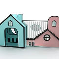 Swing Door In Cartoon House Model With Blue Pink Building Staircase And Windows