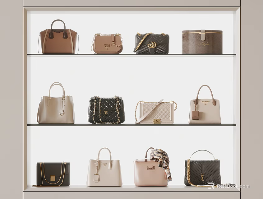 Stylish Handbags Collection Displayed on Glass Shelves with Various Colors and Designs 3d model 
