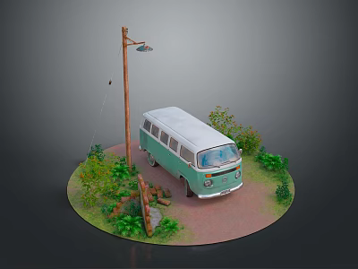 Miniature Scene Featuring Blue White Van Lamp Post Green Plants Stone Path Red Brick Ground 3d model