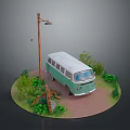 Miniature Scene Featuring Blue White Van Lamp Post Green Plants Stone Path Red Brick Ground