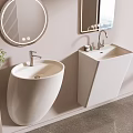 Modern Bathroom Interior With White Ceramic Washbasin Round Mirror And Faucet
