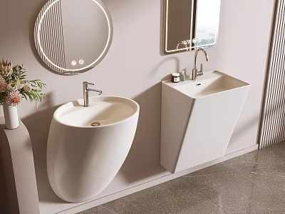Modern Bathroom Interior With White Ceramic Washbasin Round Mirror And Faucet 3d model
