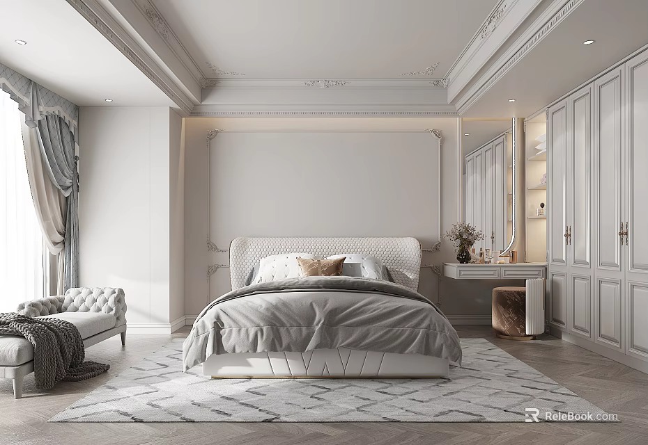 Elegant Modern Bedroom Interior With Large Bed Patterned Rug And Armchair 3d model