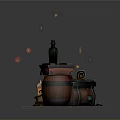 Vintage Scene Composition With Wooden Barrels Green Bottle Rolled Scroll Lit Candle And Gold Coins