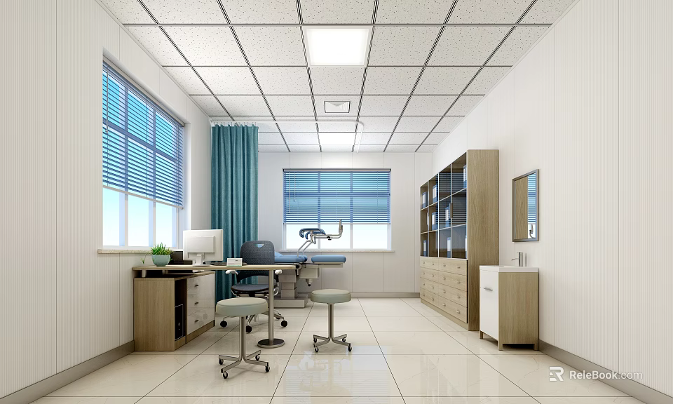 Medical Examination Room Interior With White Walls Ceiling Lights Blue Curtains And Furniture 3d model 