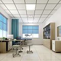 Medical Examination Room Interior With White Walls Ceiling Lights Blue Curtains And Furniture