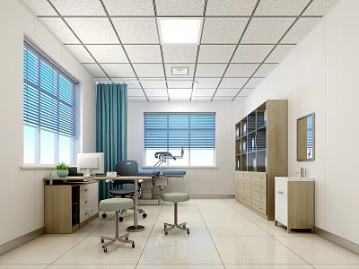 Medical Examination Room Interior With White Walls Ceiling Lights Blue Curtains And Furniture 3d model