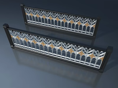 Modern Black Framed Swing Door With Intricate Golden Glass Patterns 3d model