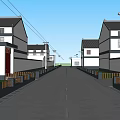 Rural Road Infrastructure With Street Lamps Green Belts Fences Residential Buildings Vehicles And Pedestrians