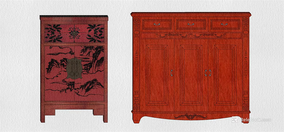 Traditional Red Wooden Console Cabinet and Side Cabinet with Decorative Patterns Drawers and Doors 3d model 