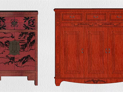 Traditional Red Wooden Console Cabinet and Side Cabinet with Decorative Patterns Drawers and Doors 3d model