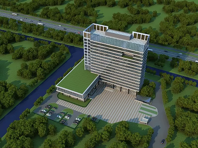 Modern Office Building Exterior Design With Green Landscaping Parking Area And Surrounding Trees 3d model