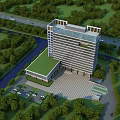 Modern Office Building Exterior Design With Green Landscaping Parking Area And Surrounding Trees