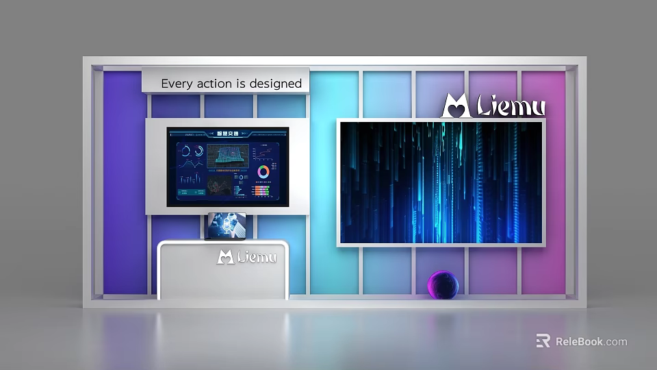 Modern Display Shelves With Liemu Logo Screens Data Charts And Purple Sphere 3d model 
