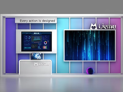 Modern Display Shelves With Liemu Logo Screens Data Charts And Purple Sphere 3d model