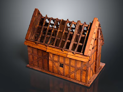 Wooden Building Model with Sloped Roof Grid Wooden Frame Brown Planks Door and Windows 3d model