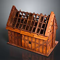 Wooden Building Model with Sloped Roof Grid Wooden Frame Brown Planks Door and Windows