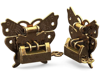 Antique Brass Butterfly Shaped Decorative Hinge With Intricate Carving And Chain 3d model
