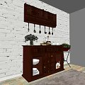 Dark Brown Wooden Sideboard With Wall Mounted Cabinet Utensils Potted Plant And White Brick Wall