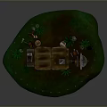 3D Model of Small Wooden House with Fence Grassland Chimney and Barrel