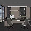 Modern Style Office Interior With Large Windows Desk Chairs Bookshelf Green Plants And Minimalist Design