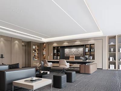 Modern Office Interior Design With Sofa Coffee Table Desk And Bookshelves 3d model