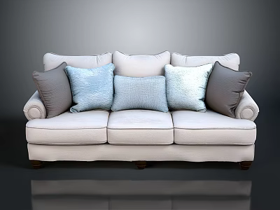 Cream Fabric Sofa With Rolled Arms Dark Wooden Legs And Gray Light Blue Throw Pillows 3d model