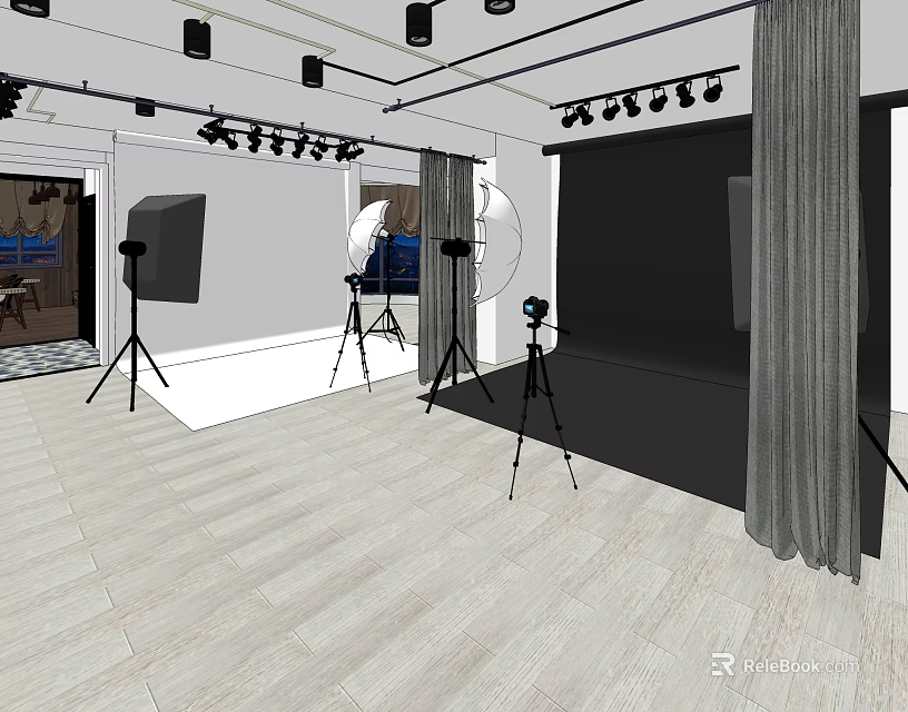 Professional Photography Studio Setup With Studio Lighting Tripods And Backdrop Cloth 3d model 