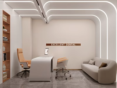 Modern Dental Office With White Desk Orange Chair Sofa Bookshelf And Excellent Wall Sign 3d model