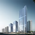 Modern High Rise Office Tower With Glass Curtain Wall And Urban Street Surroundings