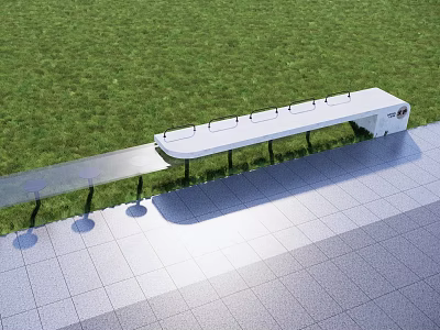 White Outdoor Bench With Black Support Legs On Gray Tiled Floor Near Green Grass Area 3d model