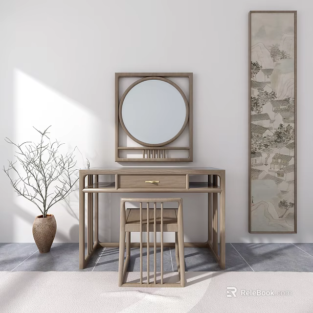 Traditional Chinese Dressing Table Featuring Round Mirror Wooden Frame Side Chair And Decorative Scroll Painting 3d model 