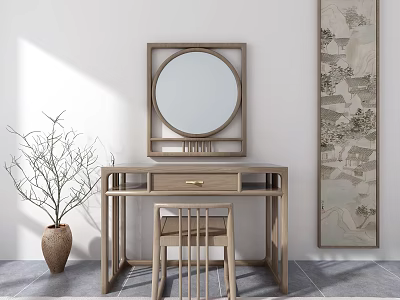 Traditional Chinese Dressing Table Featuring Round Mirror Wooden Frame Side Chair And Decorative Scroll Painting 3d model