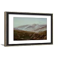 Framed Scenic Landscape Painting Featuring Distant Mountains Grassland And Rocks