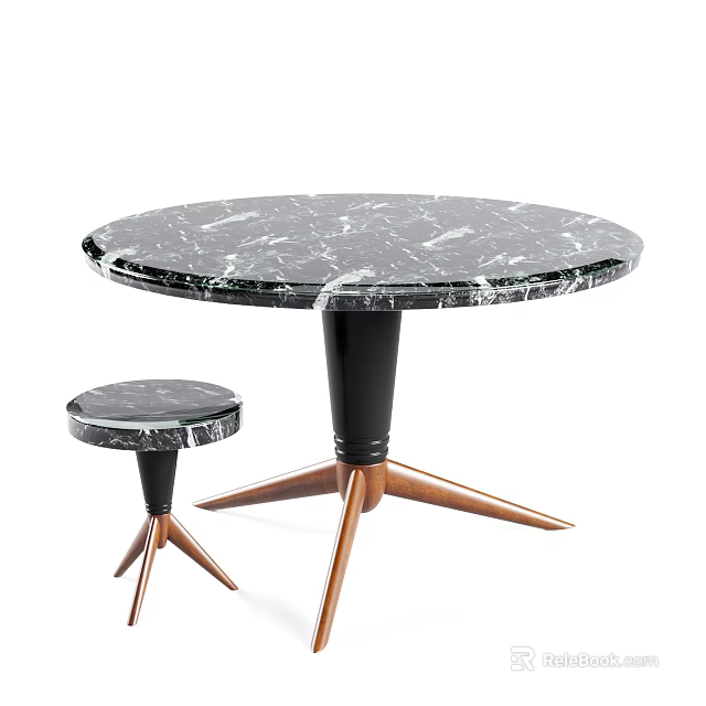 Elegant Round Black Marble Coffee Table with White Veins Three Legged Metal Copper Base 3d model 