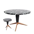 Elegant Round Black Marble Coffee Table with White Veins Three Legged Metal Copper Base