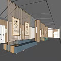 Hospital Outpatient Clinic Corridor With Blue Benches Wooden Partitions And Wall Portraits