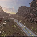 Stunning Sunset Desert Canyon Highway Landscape With Red Rock Cliffs Cactus And Traveling Cars