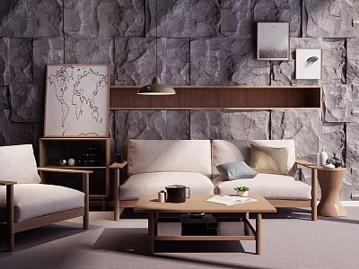 Modern Sofa and Coffee Table Set with Wooden Frame Light Cushions and Stone Wall Decor 3d model