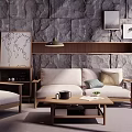 Modern Sofa and Coffee Table Set with Wooden Frame Light Cushions and Stone Wall Decor