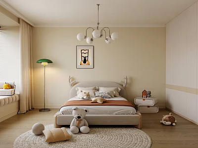 Cozy Kids Bedroom Interior with Beige Walls Antler Headboard Plush Toys Rug and Chandelier 3d model