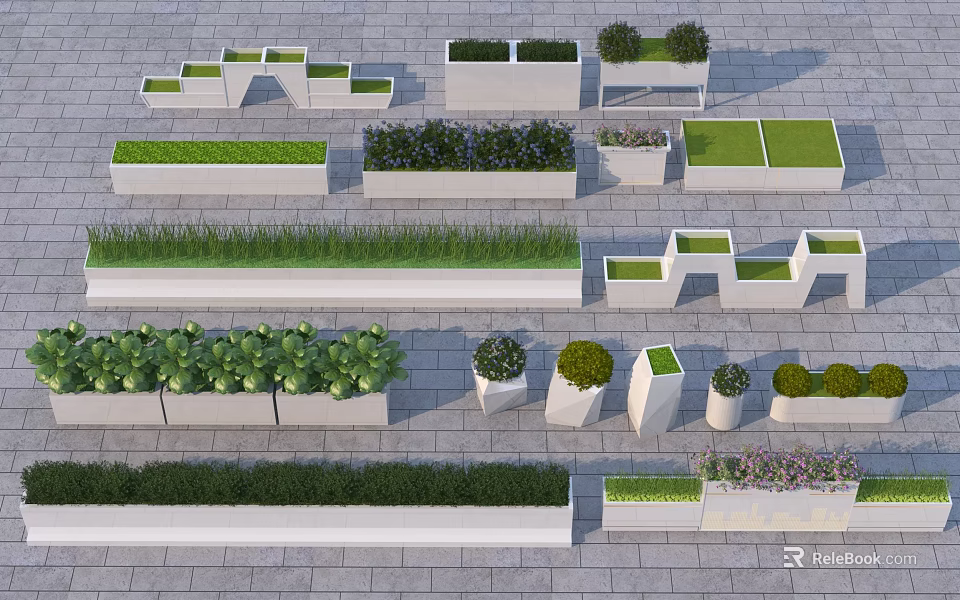 White Planters and Flower Boxes with Various Shapes Sizes Growing Green Plants Vegetables on Gray Ground 3d model 
